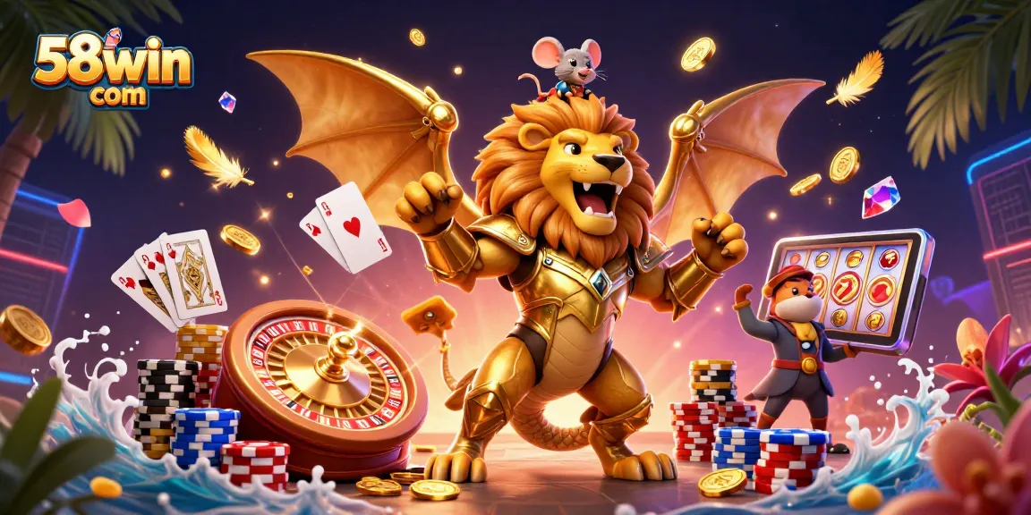 Experience excitement at 58win com with golden coins cascading in a vibrant casino scene