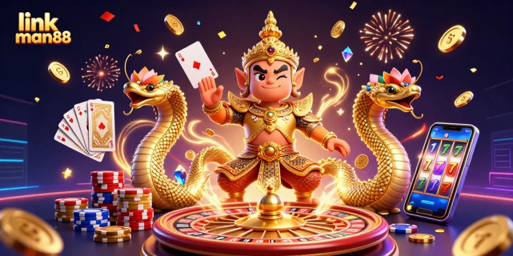 Experience thrilling gaming action with link man88 as golden coins and poker chips fly around a mythical guardian.