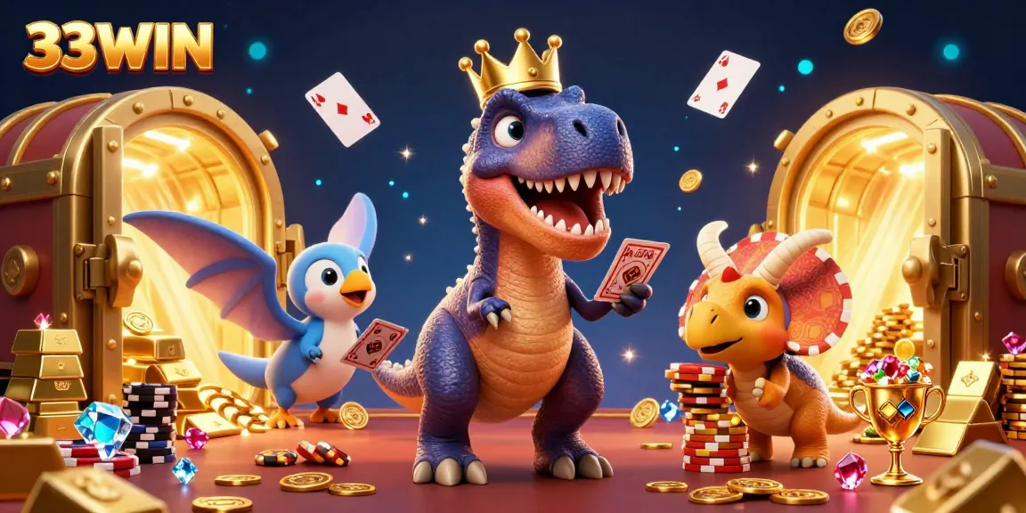 33WIN showcases a vibrant 3D casino scene with characters interacting in exciting card games.