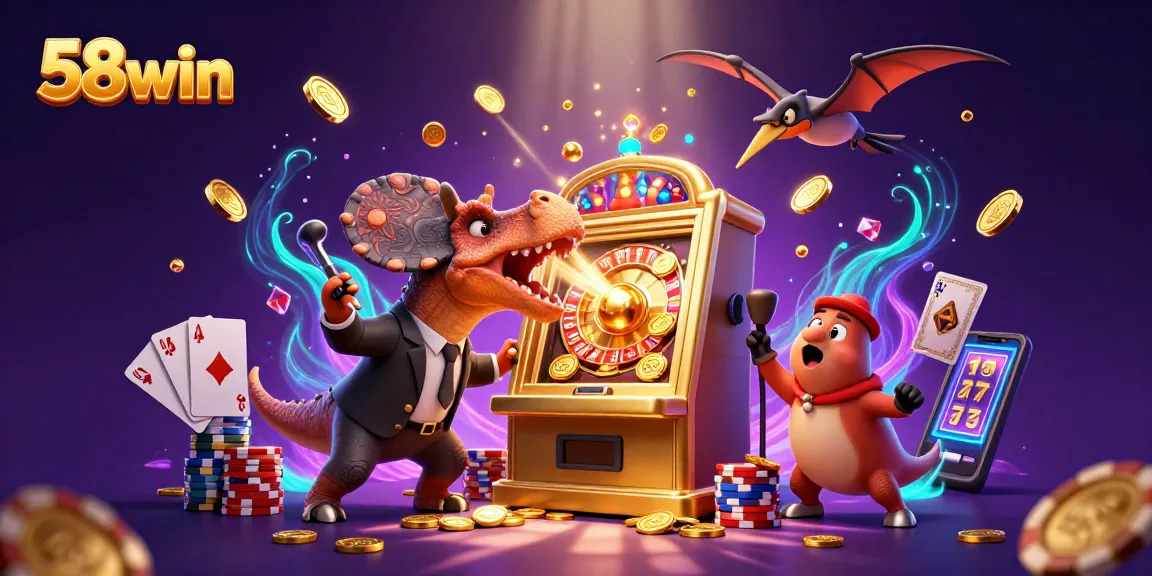 Experience the thrill of 58win as a pachycephalosaurus headbutts a slot machine, capturing flying coins.