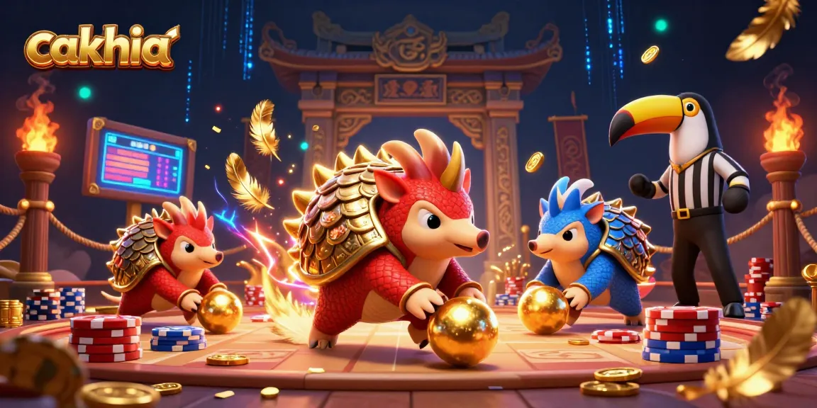 Cakhia pangolins compete in a dynamic casino scene rich with golden elements and signaling excitement