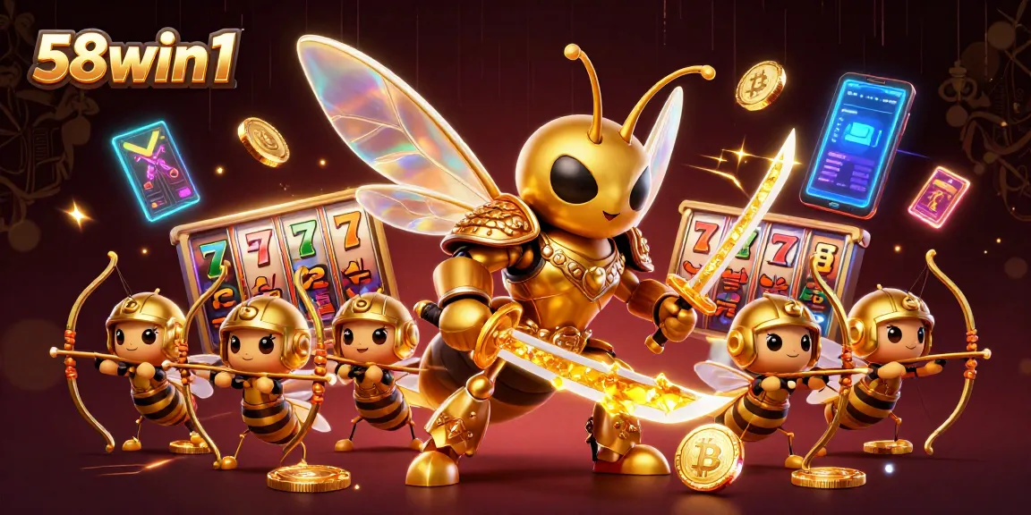 Spin to win at 58win1 with a vibrant golden hornet samurai and exciting gaming elements.