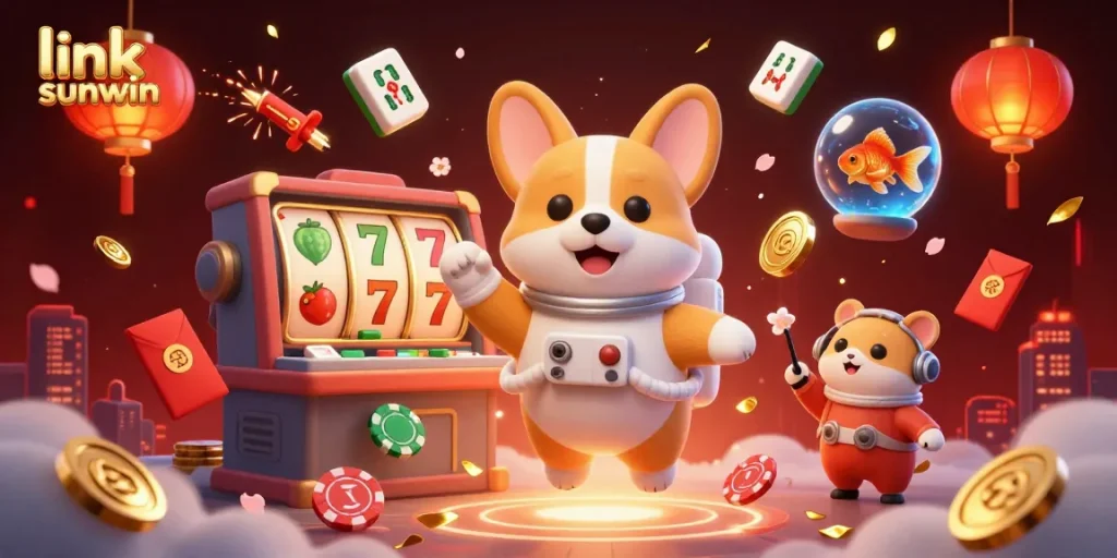 Experience thrill in link sunwin's immersive casino with floating corgi and vibrant game elements.