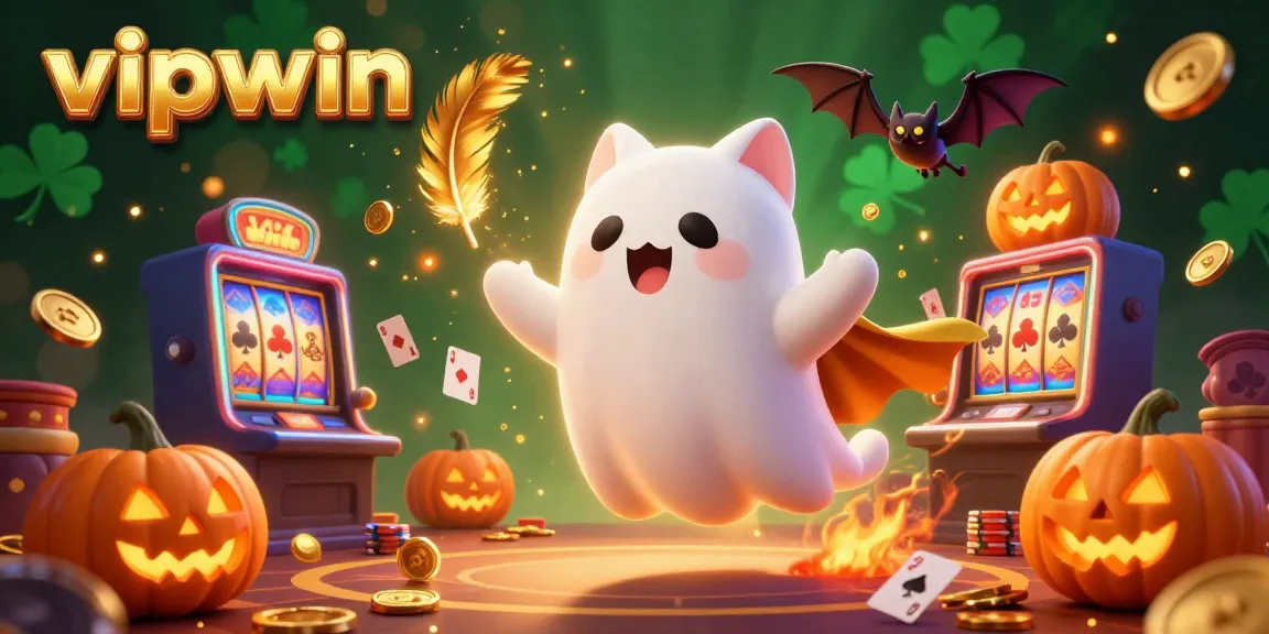 Experience the excitement at vipwin with a friendly ghost cat and casino characters in a vibrant gaming atmosphere.