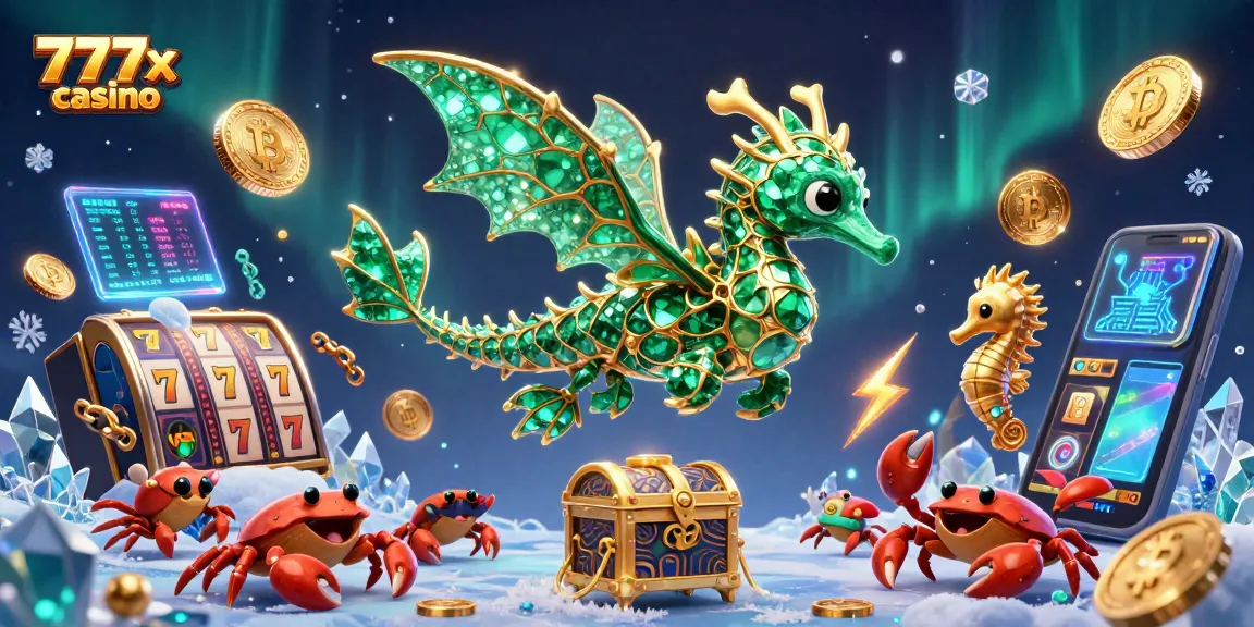 Win at 777x casino with a vibrant, rich scene featuring a treasure chest, sea dragon, and slot elements.