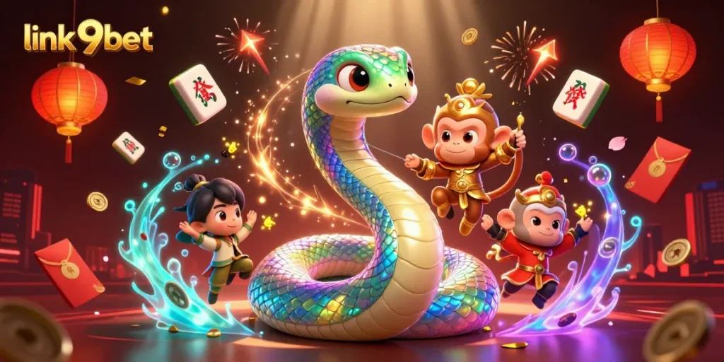 Experience link 9bet's vibrant casino scene with a colorful serpent and golden monkey king.