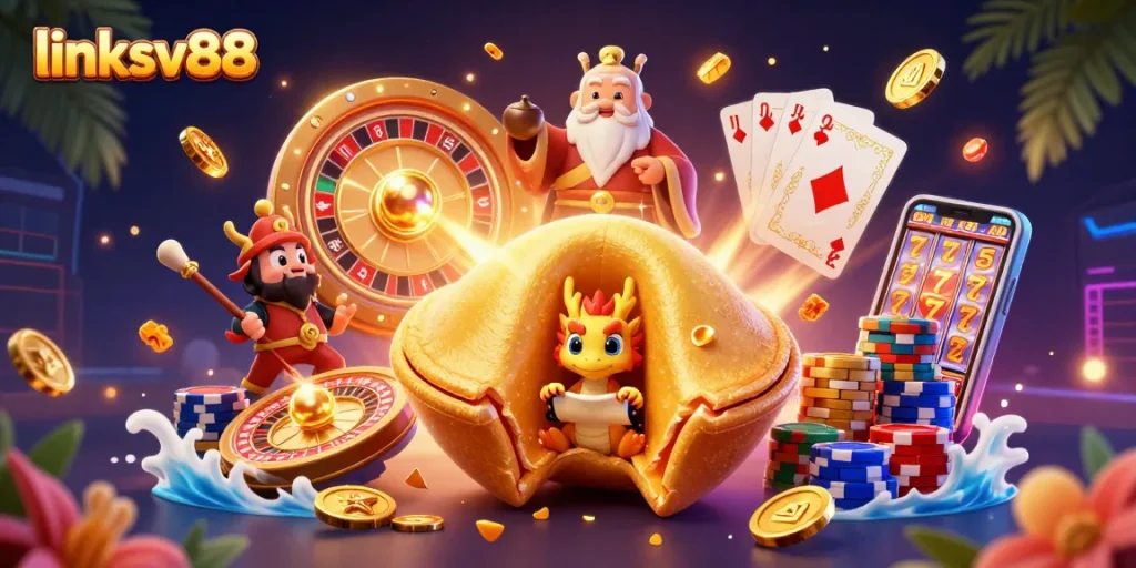 Engage with link sv88 for dynamic casino fun featuring a lucky golden fortune cookie scene.