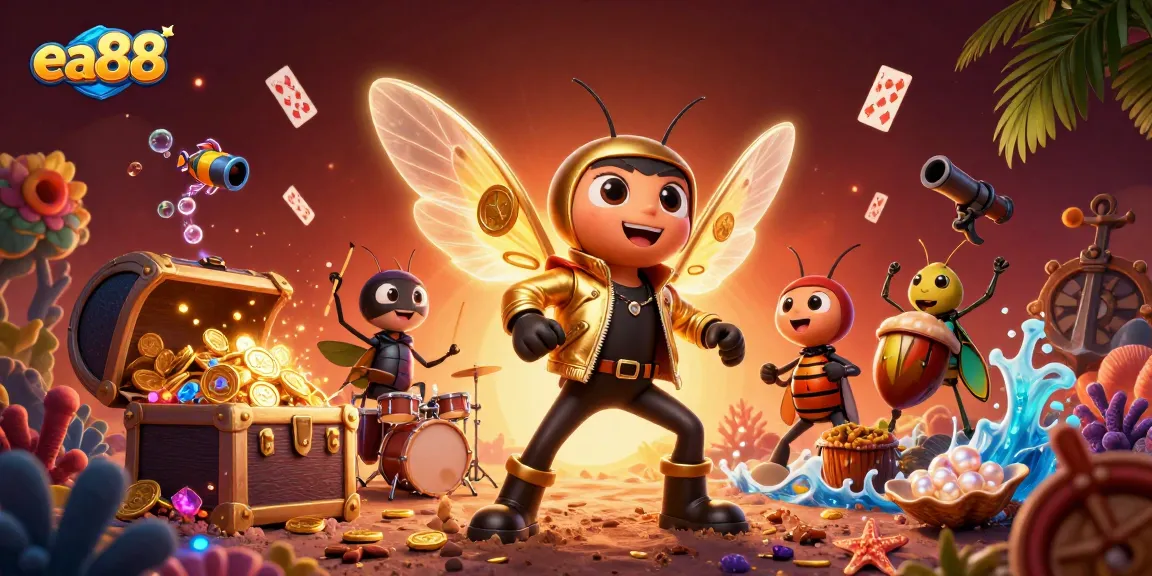 Experience the thrill of ea88 with a vibrant casino scene featuring a cicada rock star and colorful game elements.