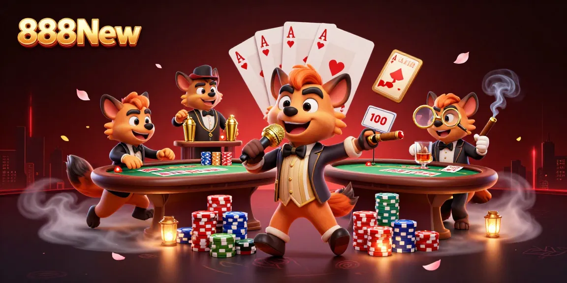 Experience the lively humor and excitement of 888New with comical hyenas in a vibrant casino scene.