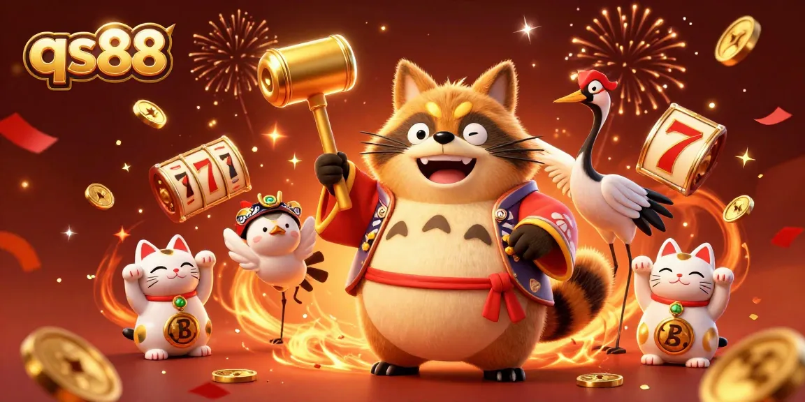 Join the excitement at qs88 with cheerful characters and dynamic casino elements celebrating luck and fortune.