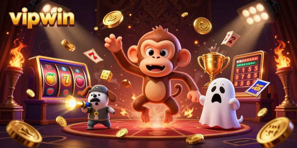 Experience thrilling entertainment with vipwin's vibrant casino scene featuring a playful ghost monkey.