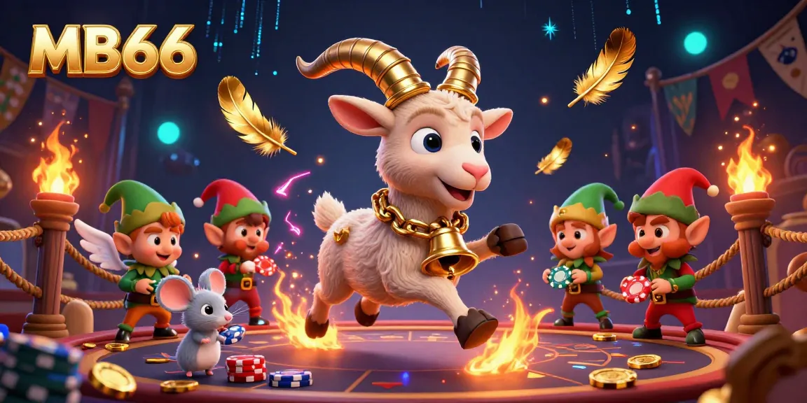 Experience the thrilling excitement of MB66's festive casino atmosphere with playful characters and gambling elements.