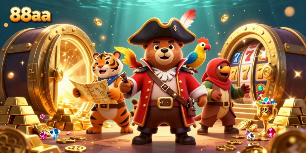 Experience thrilling excitement with 88aa's dynamic pirate-themed casino illustration.