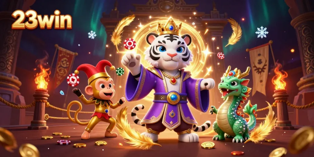 Experience thrilling action at 23win with an elegant white tiger, golden monkey, and jade dragon in a dynamic casino scene.