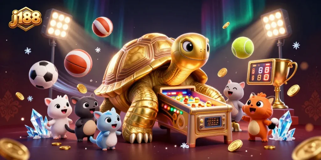 Experience thrilling action at j188 with our golden tortoise pinball machine, surrounded by vibrant sports elements.