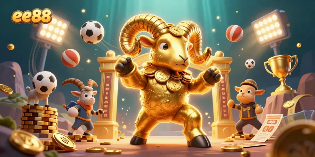 Bet on exciting sports action with ee88 starring a golden ram at the casino gates.