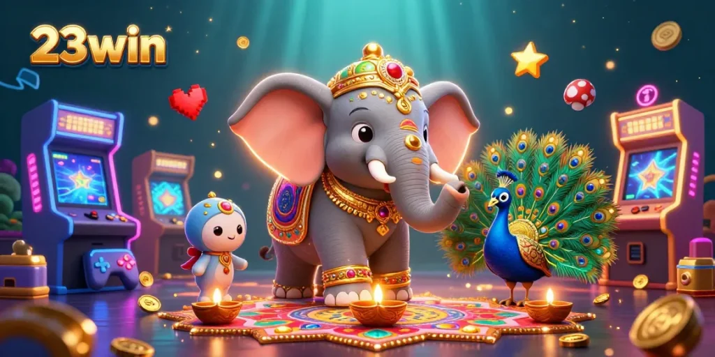 Engage in thrilling gameplay at 23win with colorful casino-themed characters and vibrant game elements.
