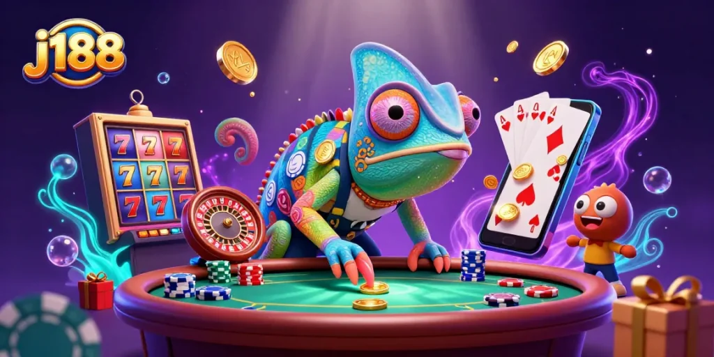 Experience the excitement of j188 casino with a vibrant 3D cartoon chameleon, golden coins, and dynamic slot elements.