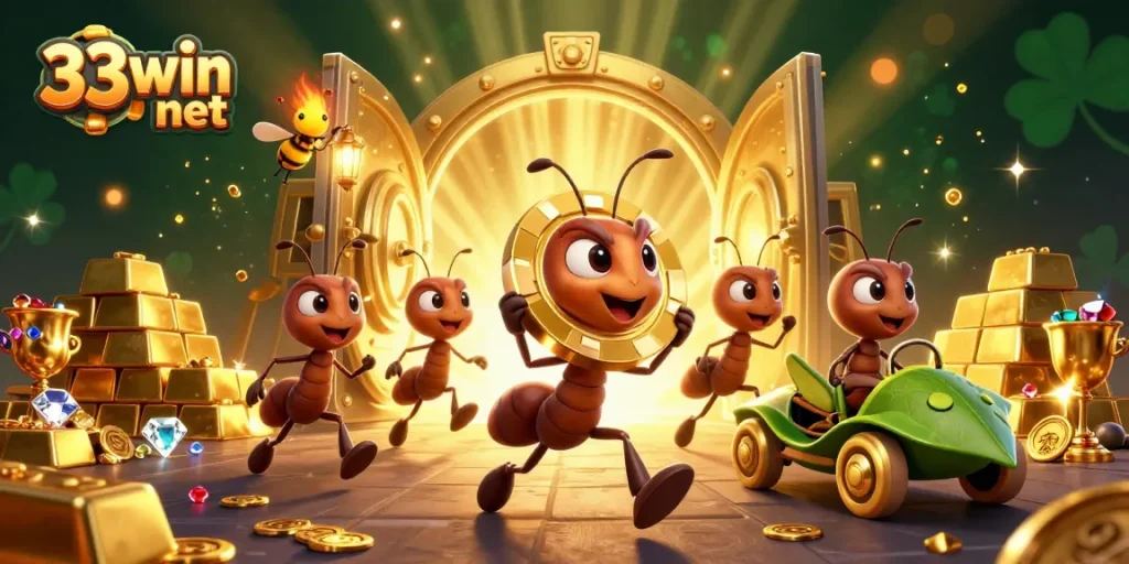 Experience the thrill of gaming with 33win net's ant heist illustration filled with golden treasures.