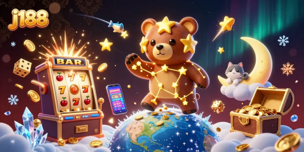 Engage with j188's vibrant casino scene showcasing winning moments and festive symbols.