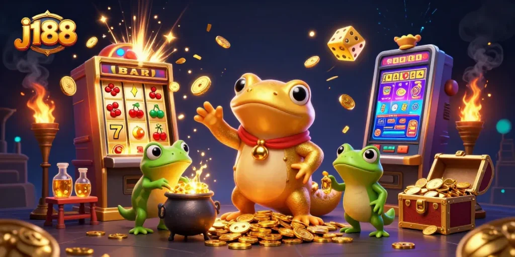 Experience the excitement of j188 with vibrant gold coins and dynamic casino elements in a magical scene.