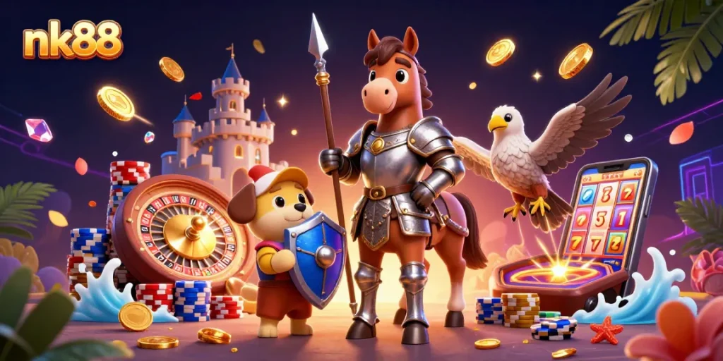 Experience exhilarating betting with nk88 as a knight and squire navigate an enchanted casino.