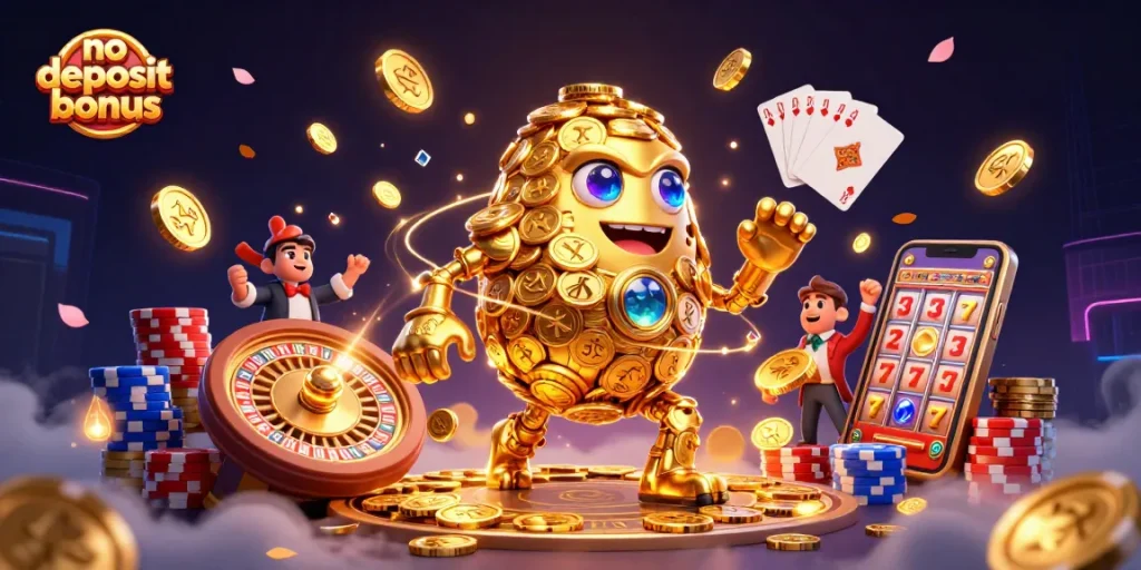 Experience the no deposit bonus excitement with a golden golem amidst casino action.